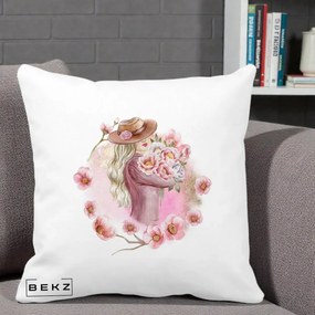 Perna Decorativa Femeie cu Flori Roz Acuarela, 40x40 cm, Alba Mata, Husa Detasabila, Perna Inclusa, BEKZ®