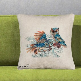 Perna Decorativa Bufnite de Iarna Albastre, 40x40 cm, Bej Canapea, Husa Detasabila, Perna Inclusa, BEKZ®