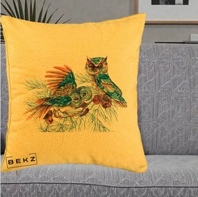 Perna Decorativa Bufnite de Iarna Albastre, 40x40 cm, Galben, Husa Detasabila, Perna Inclusa, BEKZ®
