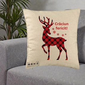 Perna Decorativa Ren Tartan Craciun Fericit, 40x40 cm, Bej, Husa Detasabila, Perna Inclusa, BEKZ®