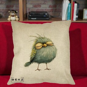Perna Decorativa Pasare Teal Adormita cu Ochi Galbeni, 40x40 cm, Crem, Husa Detasabila, Perna Inclusa, BEKZ®