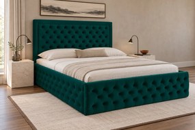 Pat tapițat Chesterfield din catifea Ophelia Deluxe 140×200 cm, verde, cu ladă de depozitare