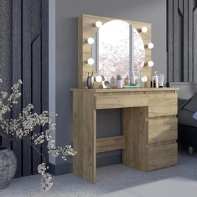 SEM524 - Set Masa toaleta, 94 cm, moderna cosmetica machiaj oglinda, masuta vanity, oglinda 8 LED, cu sau fara scaun - culoarea Stejar