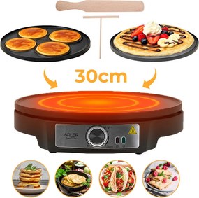 Aparat pentru clătite Adler AD 3093, 1600W, 30 cm, Ustensile incluse, Negru/Inox