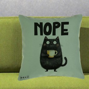 Perna Decorativa NOPE Pisica Neagra Cafea, 40x40 cm, Verde, Husa Detasabila, Perna Inclusa, BEKZ®