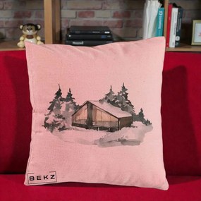 Perna Decorativa Cabana de Iarna in Padure, 40x40 cm, Roz, Husa Detasabila, Perna Inclusa, BEKZ®
