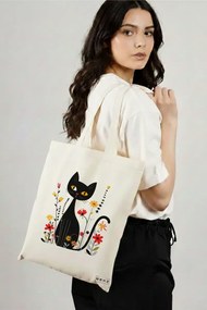 Sacosa de Panza pentru Cumparaturi, Geanta Tote, model Cat and Flowers 4, 38 x 34.5 cm, Alba, BEKZ®