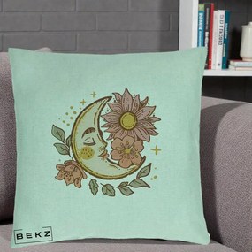 Perna Personalizata Luna Boho Chip Floral, 40x40 cm, Verde Menta, Husa Detasabila, Perna Inclusa, BEKZ®