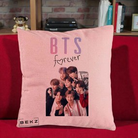 Perna Personalizata K-pop BTS Forever cu Foto Grup Negru, 40x40 cm, Roz, Husa Detasabila, Perna Inclusa, BEKZ®