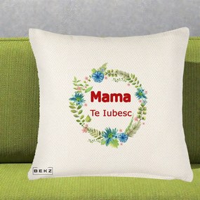 Cadou pentru Mama - Perna Personalizata Mama Te Iubesc Flori Albastre, 40x40 cm, Crem Reliefat, Husa Detasabila, Perna Inclusa, BEKZ®