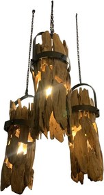 Lustră suspendată din lemn de tec lucrat manual și metal, natur și negru, 40 x 160 x 30 cm, „Pierrefonds”