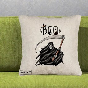 Perna Decorativa Halloween Boo Grim Reaper cu Coasa, 40x40 cm, Bej Canapea, Husa Detasabila, Perna Inclusa, BEKZ®