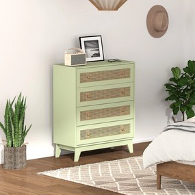 HOMCOM Comodă 4 sertare mobilier de depozitare cannage din ratan aspect lemn deschis 80 x 35 x 95 cm verde | Aosom Romania