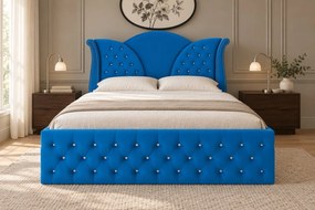 Pat tapițat Chesterfield din catifea Velora Deluxe 140×200 cm, albastru, cu ladă de depozitare
