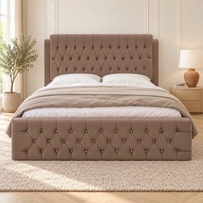 Pat tapițat Chesterfield din catifea Aveline Deluxe 180×200 cm, cappuccino, cu ladă de depozitare