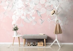 Tapet frunze cu colibri în roz-gri