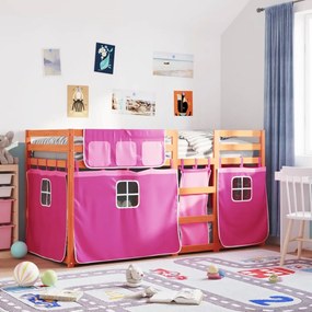 vidaXL Pat supraetajat cu perdele, roz, 75x190 cm, lemn masiv pin