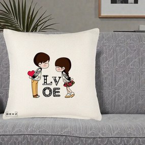 Cadou Romantic - Perna Personalizata Cuplu Kawaii LOVE, 40x40 cm, Crem Reliefat, Husa Detasabila, Perna Inclusa, BEKZ®