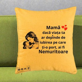 Cadou pentru Mama - Perna Personalizata Mama Nemuritoare Aproape de Bebe, 40x40 cm, Galben, Husa Detasabila, Perna Inclusa, BEKZ®