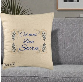 Cadou pentru Socru - Perna Personalizata Cel mai Bun Socru cu Ramuri Frunze Albastre si Aurii, 40x40 cm, Bej, Husa Detasabila, Perna Inclusa, BEKZ®