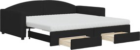 vidaXL Pat de zi cu extensie și sertare, negru, 100x200 cm, textil