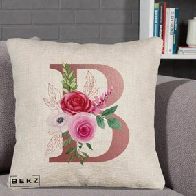 Cadou Personalizat - Perna Personalizata Monograma Rose Gold Litera B, 40x40 cm, Bej Canapea, Husa Detasabila, Perna Inclusa, BEKZ®