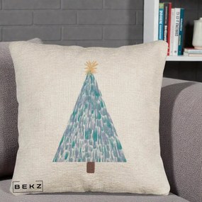Perna Decorativa Brad de Craciun Acrilic Albastru, 40x40 cm, Bej Canapea, Husa Detasabila, Perna Inclusa, BEKZ®