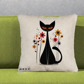 Perna Decorativa Pisica Neagra Ochi Rosii Flori, 40x40 cm, Bej Canapea, Husa Detasabila, Perna Inclusa, BEKZ®