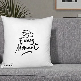 Perna Decorativa Enjoy Every Moment, 40x40 cm, Alb Pufos, Husa Detasabila, Perna Inclusa, BEKZ®