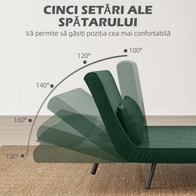 HOMCOM Canapea Pat de 2 Locuri cu Spătar Reglabil pe 5 Nivele, Canapea Pat Pliabilă cu 2 Perne, 102x73x81 cm, Verde | Aosom Romania