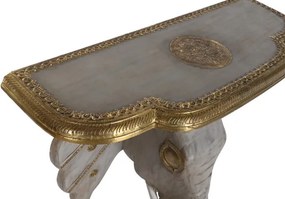 Consolă îngustă în stil etnic, din lemn de mango, gri, cu inserții de alamă și bază sculptată în formă de cap de elefant, 96 x 80 x 30 cm, „Elephas”