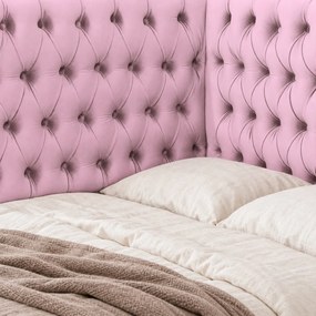 Pat tapițat pentru copii din catifea Elyra 140×200 cm, roz, colț stânga, cu ladă de depozitare