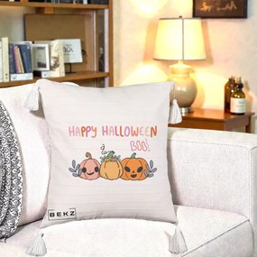 Perna Decorativa Happy Halloween Boo Trei Dovlecei Kawaii, 40x40 cm, Bej cu Franjuri, Husa Detasabila, Perna Inclusa, BEKZ®