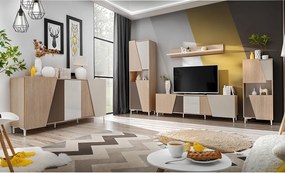 Comodă TV Miraza 180 cm geometrică - decor stejar scandi / bej / alb / maro