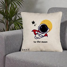 Perna Decorativa Astronaut To The Moon, 40x40 cm, Bej Canapea, Husa Detasabila, Perna Inclusa, BEKZ®