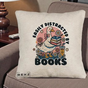 Perna Personalizata Easily Distracted by Books, 40x40 cm, Bej Canapea, Husa Detasabila, Perna Inclusa, BEKZ®