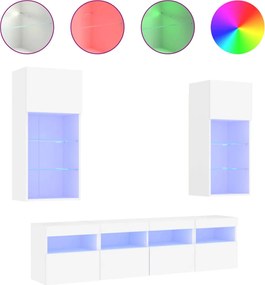 vidaXL Unități de perete TV cu LED-uri, 5 piese, alb, lemn prelucrat