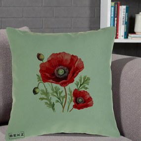 Perna Decorativa Maci Rosii Acuarela, 40x40 cm, Verde, Husa Detasabila, Perna Inclusa, BEKZ®