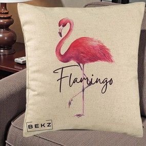 Perna Decorativa Flamingo Acuarela, 40x40 cm, Bej, Husa Detasabila, Perna Inclusa, BEKZ®