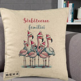 Perna Decorativa Flamingo Craciun Sarbatoarea Familiei, 40x40 cm, Bej, Husa Detasabila, Perna Inclusa, BEKZ®