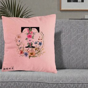 Cadou Personalizat - Perna Personalizata Monogram Litera T cu Flori Acuarela, 40x40 cm, Roz, Husa Detasabila, Perna Inclusa, BEKZ®