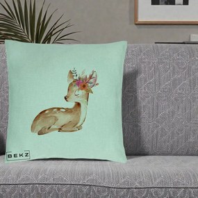 Perna Decorativa Caprioara cu Flori in Coama, 40x40 cm, Verde Menta, Husa Detasabila, Perna Inclusa, BEKZ®
