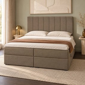 Pat boxspring din catifea Novella cu ladă 140×200 cm, cappuccino