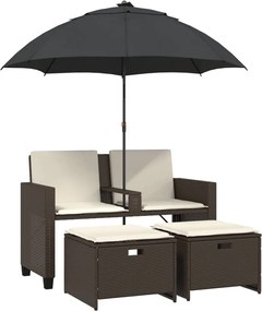 vidaXL Canapea de grădină cu 2 locuri/umbrelă/taburete maro poliratan
