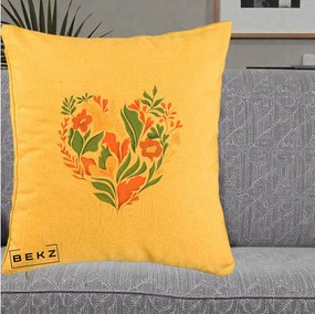 Perna Decorativa Inima Florala Botanica, 40x40 cm, Galben, Husa Detasabila, Perna Inclusa, BEKZ®