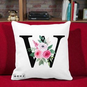 Cadou Personalizat - Perna Personalizata Monograma Florala Litera W cu Trandafiri si Anemona, 40x40 cm, Alba Mata, Husa Detasabila, Perna Inclusa, BEKZ®