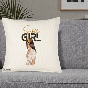 Perna Decorativa Super Girl Aesthetic, 40x40 cm, Crem Reliefat, Husa Detasabila, Perna Inclusa, BEKZ®