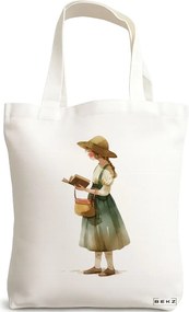 Sacosa de Panza pentru Cumparaturi, Geanta Tote, model The bookie girl 28 38 x 34.5 cm, Alba, BEKZ®