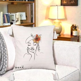 Perna Decorativa Portret Feminin Flori Palarie, 40x40 cm, Bej cu Franjuri, Husa Detasabila, Perna Inclusa, BEKZ®