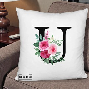 Cadou Personalizat - Perna Personalizata Monograma Florala Litera U, 40x40 cm, Alb Pufos, Husa Detasabila, Perna Inclusa, BEKZ®
